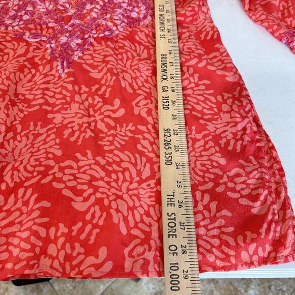 Amaya 100% Silk Embroidered Tunic Top Sz 44 US L Pink Coral Tropical Boho Flowy - Picture 12 of 13